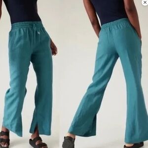 Athleta Teal Blue Casual 100% Linen Pants Wide Leg Ankle Sz. 8 w.pockets pull-on